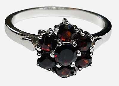 #ad quot;Aquot; Signed 925 Sterling Silver Red Garnet Cluster Gemstone Ring Size 9 Jewelry
