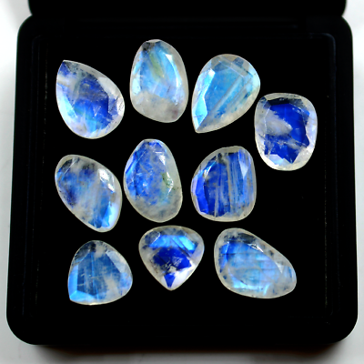 #ad 10 Pcs Natural Rainbow Moonstone Top Quality 10mm 14mm Faceted Cut Gemstones Lot