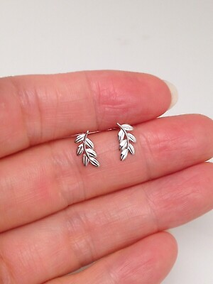 #ad Silver Leaves Leaf Vine Stud Earrings 925 Sterling Silver Post Womens 9mm 0.35quot;