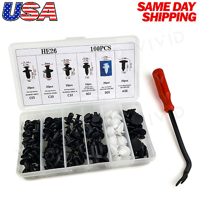 #ad 100pc Plastic Rivets Fastener Fender Bumper Push Clips w Removal Tool for Acura