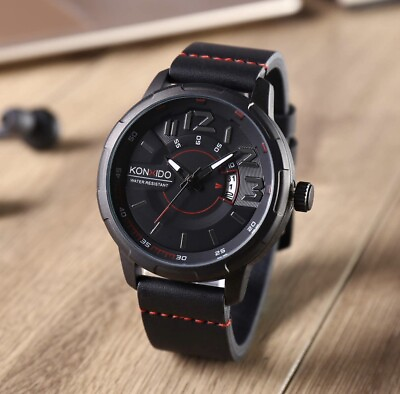 #ad KONXIDO Mens Analog Quartz Watch Black Leather Band w Date Model GK KX 6371 BK