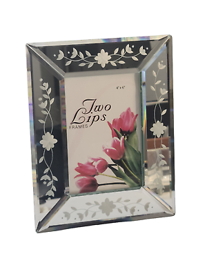 #ad Two Lips 4quot;x6quot; Mirror Photo Frame Etched Floral Beveled Rectangular