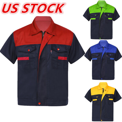 #ad US Men#x27;s Color Block Work Shirt Short Sleeve Shop Shirt Motor Mechanic Uniform