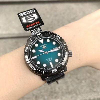 #ad Seiko 5 Sports SRPC65J1 Automatic Turquoise Dial Black Steel Made in Japan Watch