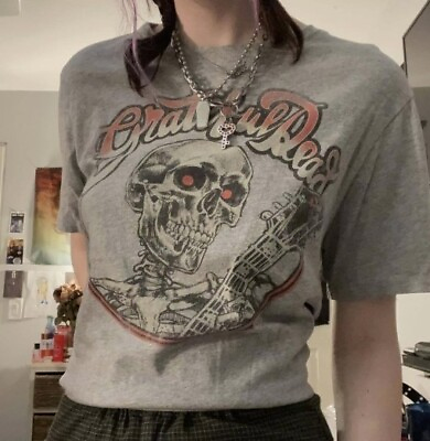 #ad Grateful Dead By Junkfood Gray Tee Shirt Medium Skeleton With Red Eyes amp; Guitar