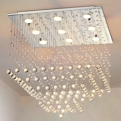 #ad 23.6quot;Square Crystal Chandelier Modern Raindrop Flush Mount Ceiling Lamp Lighting