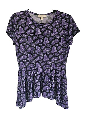 #ad Michael Kors Womens Top Size M Black Purple Asymmetrical Hem Paisley Pattern