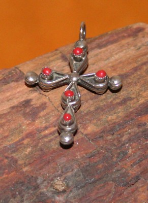 #ad Zuni Red Coral Turquoise Double Sided Cross Pendant Native American