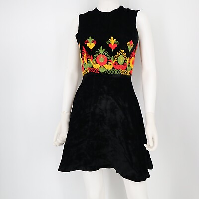 #ad Vintage Mod Vicky Vaughn Juniors 11 Black Velvet Embroidered Dress