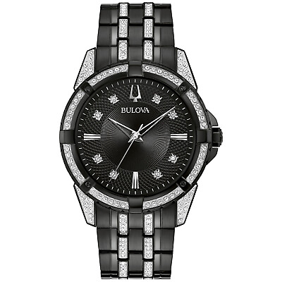 #ad Bulova Crystal Men#x27;s Quartz Cystals Stainless Steel Black Watch 42MM 98K109