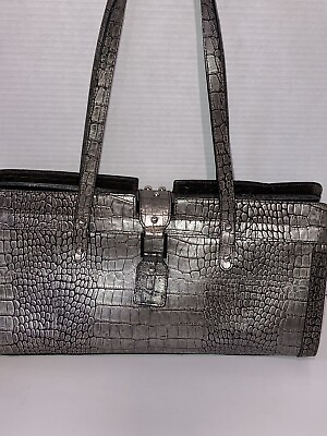 #ad KENNETH COLE Leather Crocodile handbag Silver Gray Large Top Handles