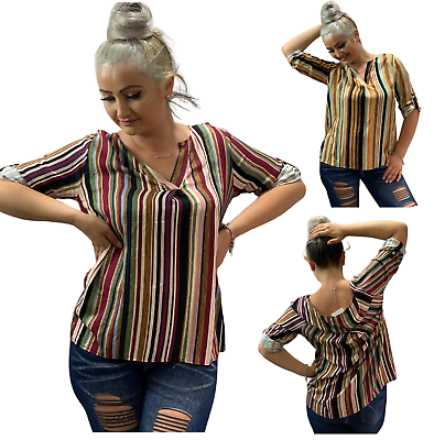 #ad Striped Shirt Top Women’s Turn Up Sleeve Button Blouse Tops Ladies V Neck Tee