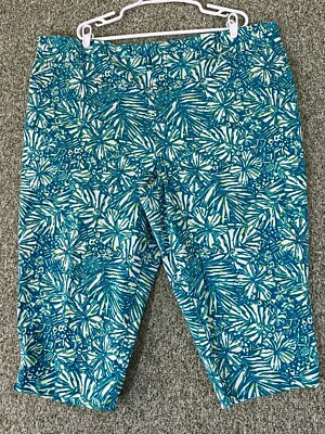 #ad Catherines Plus Womens Capris 30W Blue Green Floral High Rise Beachy Comfort