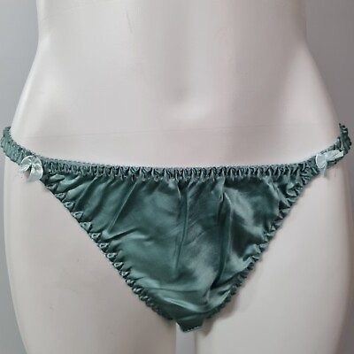 #ad VTG 100% SILK String Bikini Plus Size Sissy Panties Bow Green Sz XL