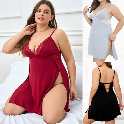 #ad Plus Size Lace Trim High Slit Babydoll Women#x27;s Sexy Lingerie Chemise Sleep Dress