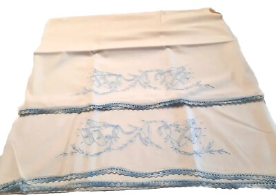 #ad Vintage Pillowcase Pair Hand Embroidered Bells Design amp; Lace Edging in Blue