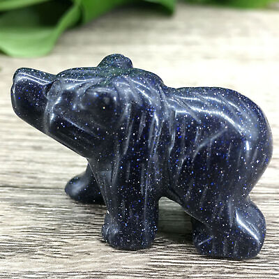#ad 1.5quot; 2pcs Carved Blue Sand Stone Polar Bear Statue Natural Stone Quartz Crystal