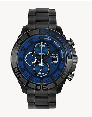 #ad NWT Citizen CA0525 50L Eco Drive Black Titanium Blue Dial Chronograph Watch