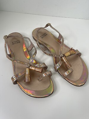 #ad Stuart Weitzman Flapper Holographic sandals Size 8 Tassel Metallic Rose Gold