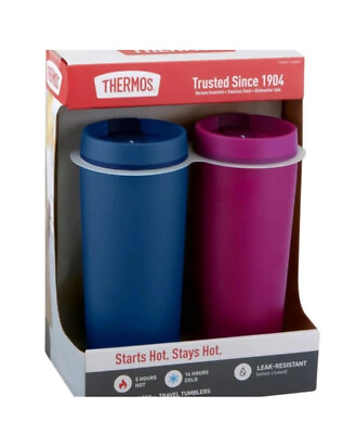 #ad NIB THERMOS 2 PACK Pink Blue 18 Travel Tumbler Hot Cold Stainless Steel Coffee