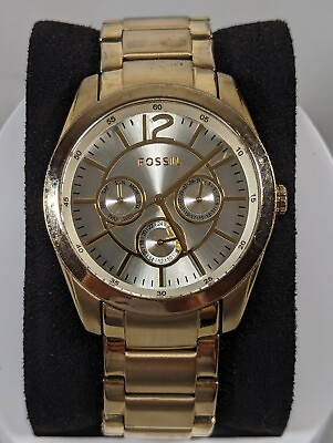 #ad Fossil Mens Day Date Gold Tone Round Case Stainless Steel Band Watch 7.5 Inch