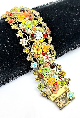 #ad Lovely Michal Negrin Fabric and metal Bracelet Crystal Flowers Unique.