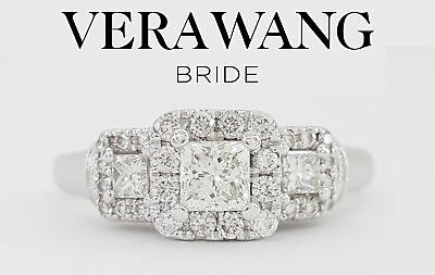 #ad Vera Wang Princess Diamond Three Stone 0.75 ct Halo Engagement Ring 14k Gold