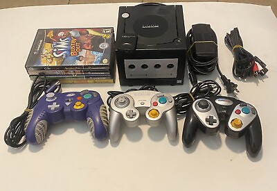#ad Nintendo GameCube Black Console System DOL 001 Bundle Cords Controllers Games