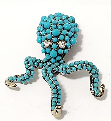 #ad Vintage Turquoise Beaded Crystal Sea Octopus 2quot; Necklace Pendant Rhinestone