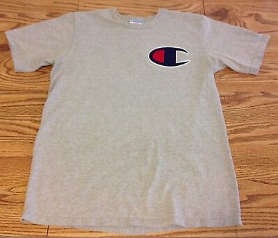 #ad Champion Logo T Shirt Gray Large Stitched Patch Logo Short Sleeve Size Large
