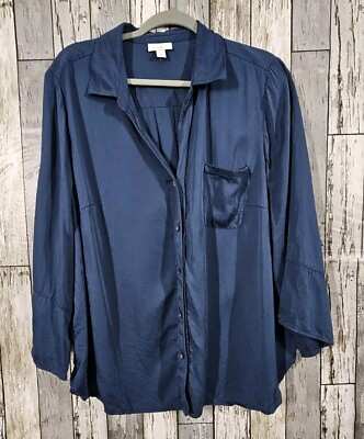 #ad J. Jill Navy Blue Button Up Long Sleeve Collared Rayon Shirt Blouse Tunic Sz XL