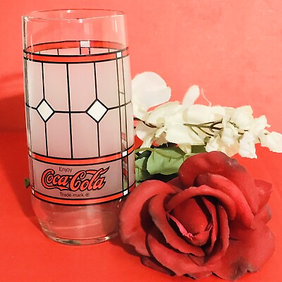 #ad Libbey  Coca Cola Tiffany Style Frosted Stained Glass Drinking Glass 6quot; T 16oz.