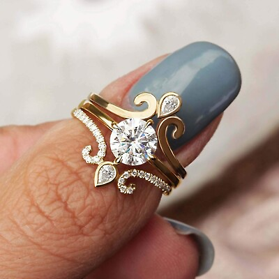 #ad 2Ct Round Cut Diamond Simulated Wedding Bridal Ring Set 14K Yellow Gold Plated $169.53
