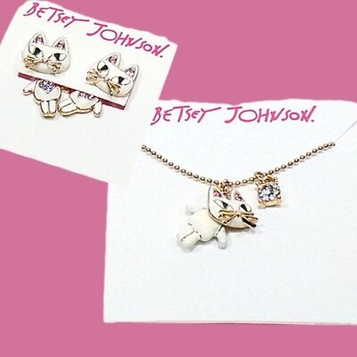 #ad Betsey Johnson White Cat Necklace and Earrings NEW