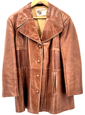 #ad Vintage Leather Mod Street Pockets Jacket Coat Large 42 Brown Silton Lined