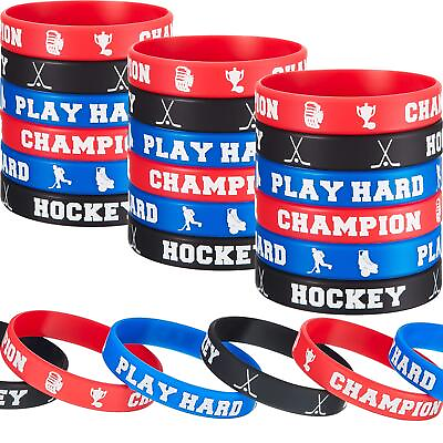 #ad 24 Pieces Hockey Rubber Bracelets Silicone Hockey Wristband Stretch Rubber Brac