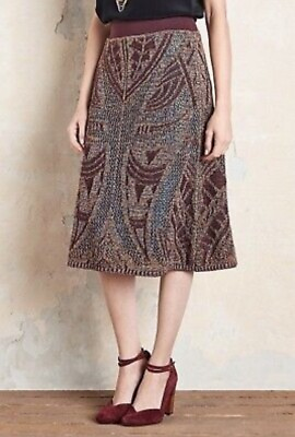 #ad Anthropologie Cecilia Prado Lumi Midi Skirt Wine Metallic Crochet Knit Size S