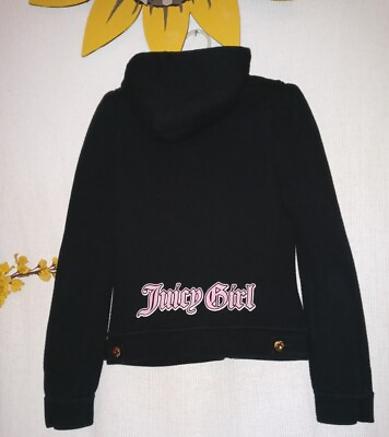 #ad Juicy Couture Jacket M Black Poly Cotton Zip Up Hoodie Juicy Girl Pink Logo Y2K