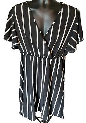 #ad Sason Curve Dress 1XL Plus Size Black White Striped Flutter Sleeve Low V Neck