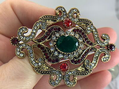 #ad Floral Bar Red Green Clear Rhinestones Gold Brooch Pin M 1068