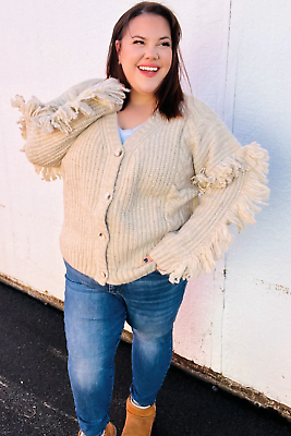 #ad Cute Weekend Ready Oatmeal V Neck Fringe Chunky Cable Cardigan