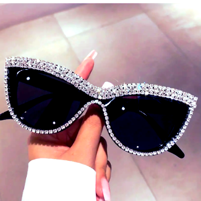 #ad Luxury Rhinestone Cat Eye Sunglasses Black Smoke Bling UV400 Chic GLAMOUR New