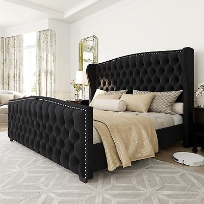 #ad Queen Size Platform Bed Frame Black Velvet Upholstered Bed $2898.00