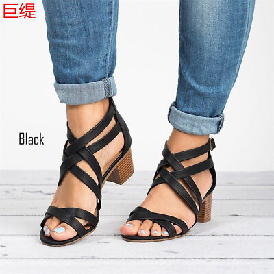 #ad Women Faux Leather Mid Block Peep Toe Sandals Back Zipper Hollow Out Heels Shoes
