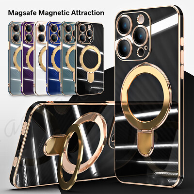 #ad For iPhone 15 Plus 14 13 Pro Luxury Magnetic Mag Safe Ring Stand Plating Case