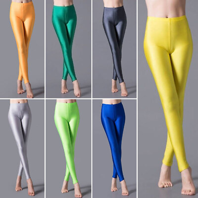 #ad Womens Shiny Glossy High Waist Yoga Pants Stretchy Workout Dance Skinny Leggings