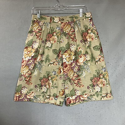 #ad Vintage Shorts Womens Medium Tan Floral Pockets Linen Blend Preppy Retro 30x8