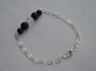 #ad Handmade Black agate opalite bead heart chain bracelet