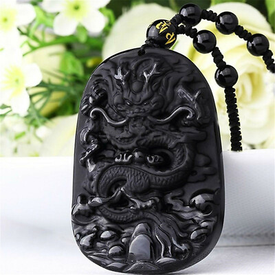 #ad China Jewelry Lucky Amulet Black Dragon Pendant Necklace Obsidian Carving