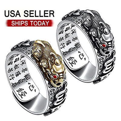 #ad New Silver Feng Shui Pixiu Adjustable Ring MANI Mantra Protection Wealth Ring US